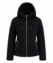 GIOVANA women’s black hooded corduroy puffer jacket in UK size L. Quilted padded design with zipped pockets and cosy hood, perfect for winter.