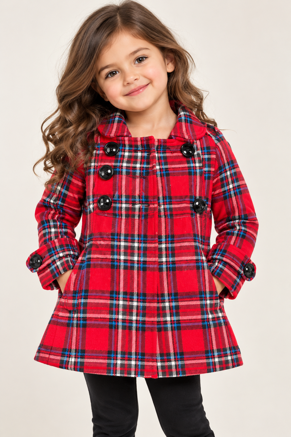  Girl 2 Girl Girls Red Tartan Check Winter Coat in UK Size 4–5 Years. Stylish double-breasted kids jacket with black buttons, perfect for winter.