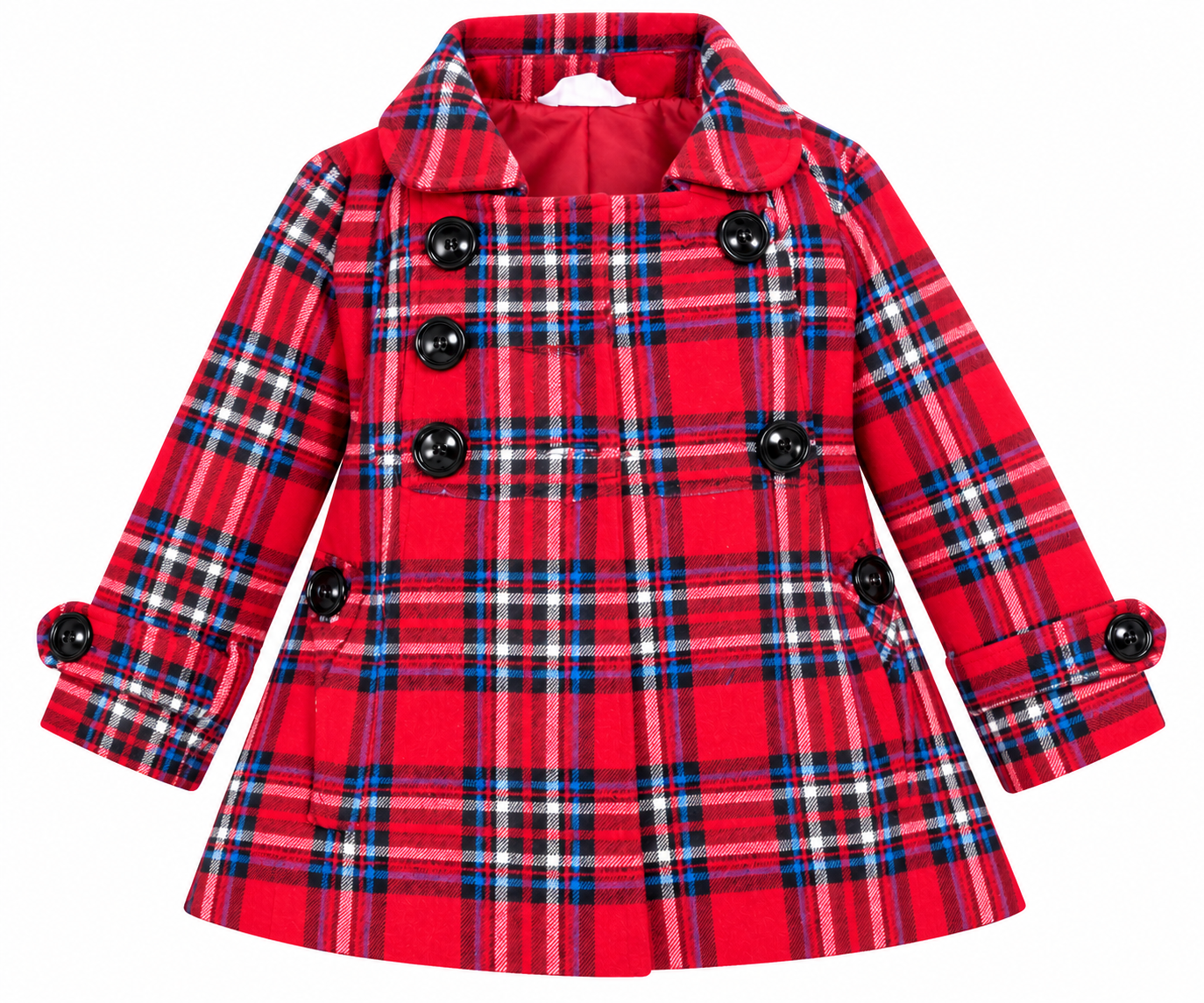  Girl 2 Girl Girls Red Tartan Check Winter Coat in UK Size 4–5 Years. Stylish double-breasted kids jacket with black buttons, perfect for winter.