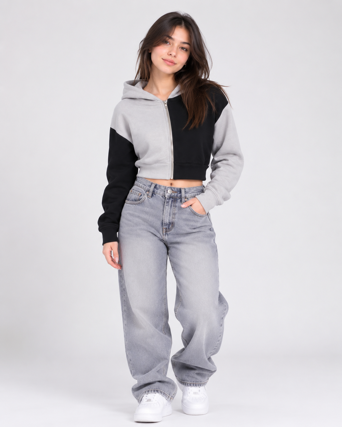 Girl's black and grey colour block cropped zip-up hoodie, featuring a stylish hood, full zip fastening and comfortable fit for everyday casual wear.