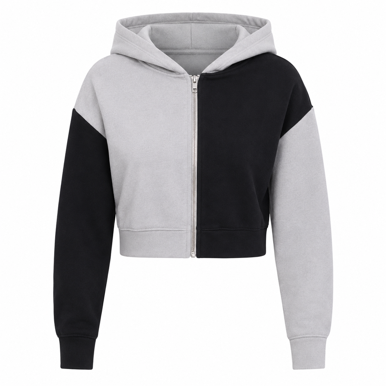 Girl's black and grey colour block cropped zip-up hoodie, featuring a stylish hood, full zip fastening and comfortable fit for everyday casual wear.
