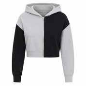 Girl's black and grey colour block cropped zip-up hoodie, featuring a stylish hood, full zip fastening and comfortable fit for everyday casual wear.