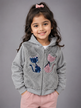 Girls Grey Faux Fur Cat Sequin Zip-Up Hoodie