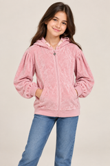 GIRLS WEAR Girls Pink Velour Hooded Zip-Up Jacket