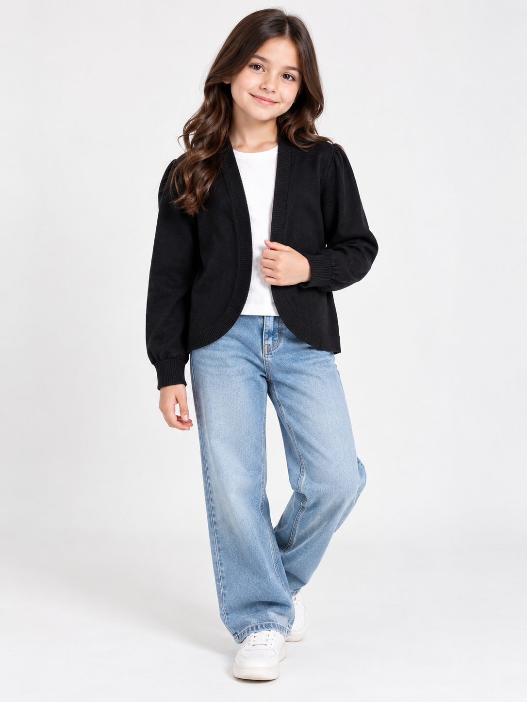  ATMOSPHERE Girls Black Cropped Knit Cardigan in UK Size S. Stylish open-front design, long sleeves and soft knit fabric for everyday layering.
