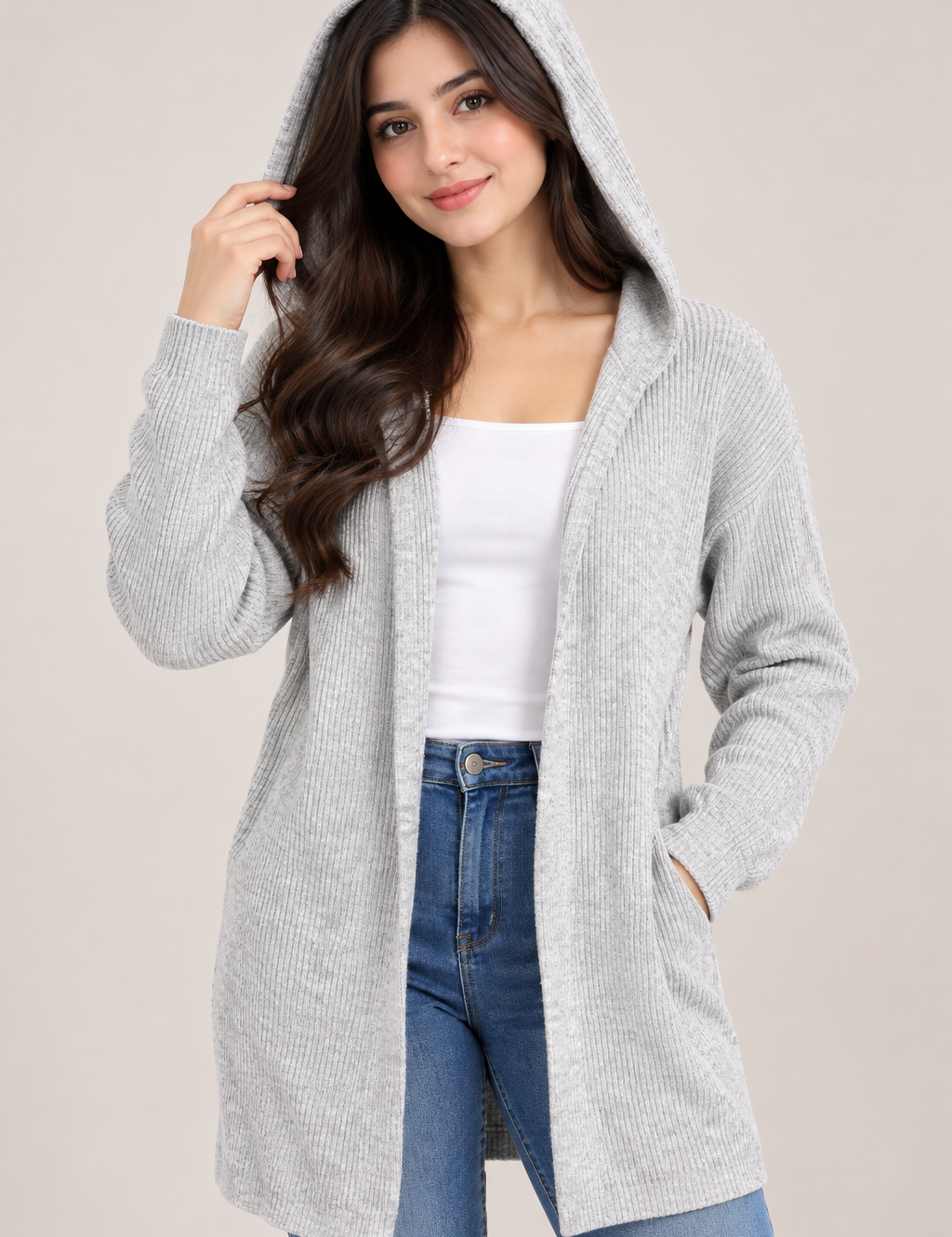  this New Look women’s grey ribbed hooded longline cardigan in UK Size S. A cosy open-front layering piece ideal for casual autumn and winter outfits.
