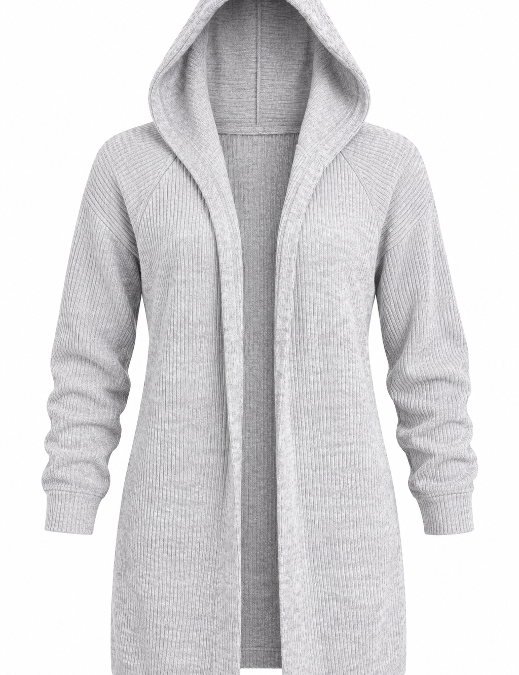  this New Look women’s grey ribbed hooded longline cardigan in UK Size S. A cosy open-front layering piece ideal for casual autumn and winter outfits.