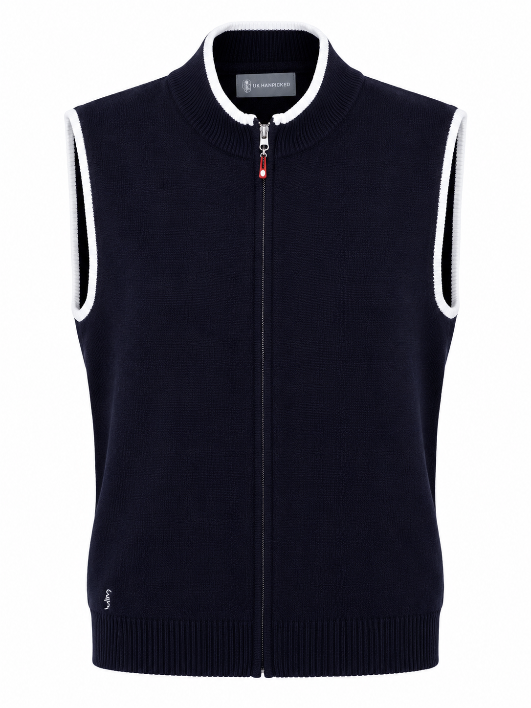 GLENMUIR navy sleeveless knitted zip-up vest in UK Size M. Classic ribbed design with contrasting trim, perfect for stylish layering and smart-casual outfits.