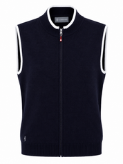 GLENMUIR navy sleeveless knitted zip-up vest in UK Size M. Classic ribbed design with contrasting trim, perfect for stylish layering and smart-casual outfits.
