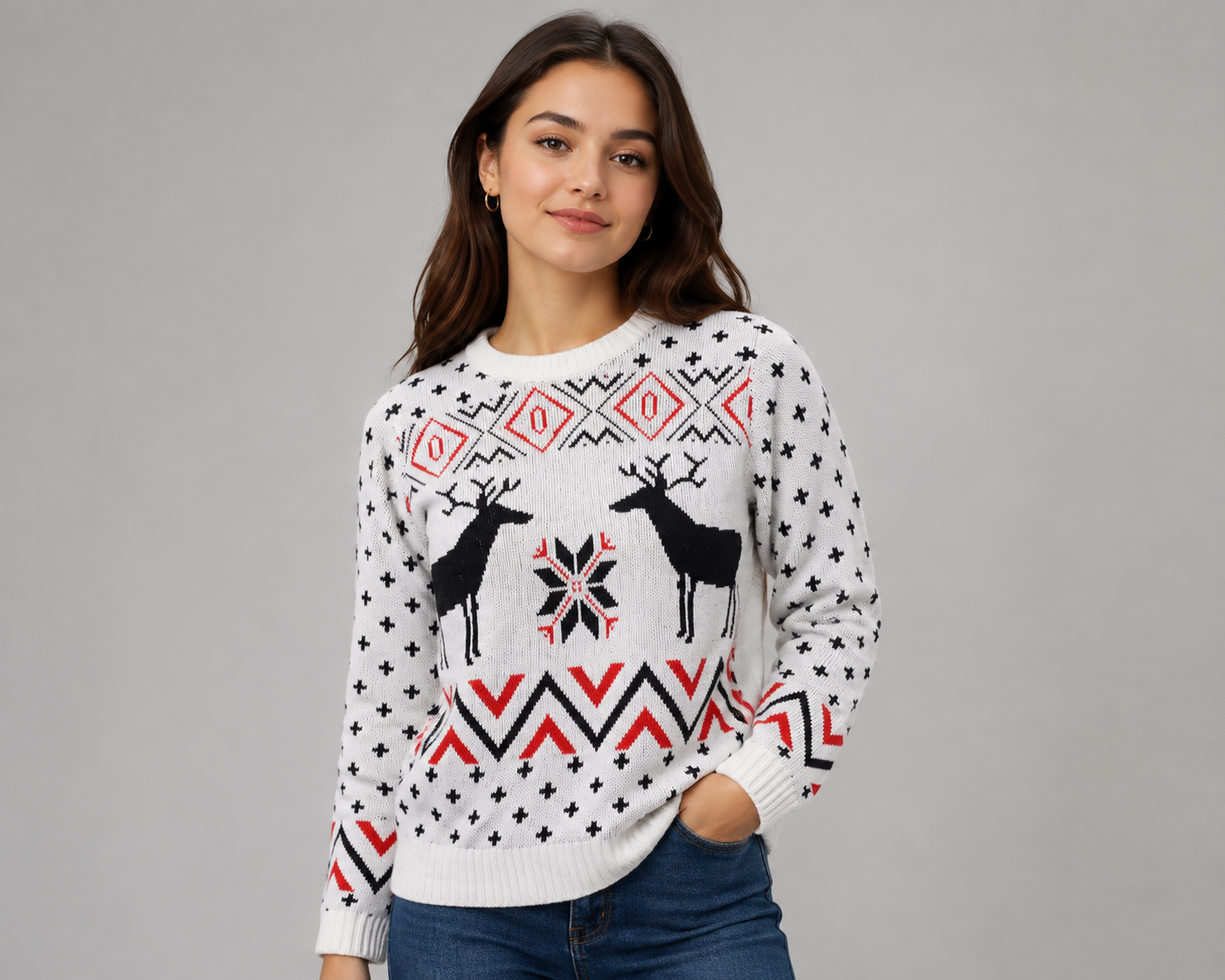  Globals Women’s Christmas Reindeer Knit Jumper in UK Size M. White Fair Isle sweater with festive black and red patterns, perfect for winter and Christmas outfits.
