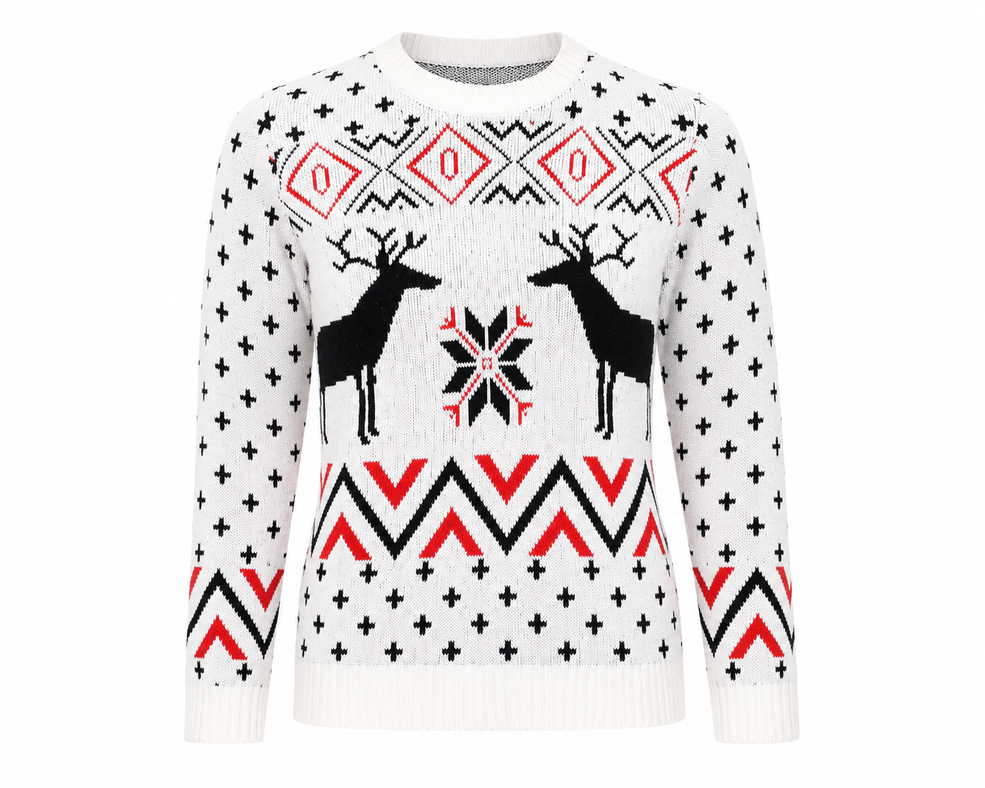  Globals Women’s Christmas Reindeer Knit Jumper in UK Size M. White Fair Isle sweater with festive black and red patterns, perfect for winter and Christmas outfits.