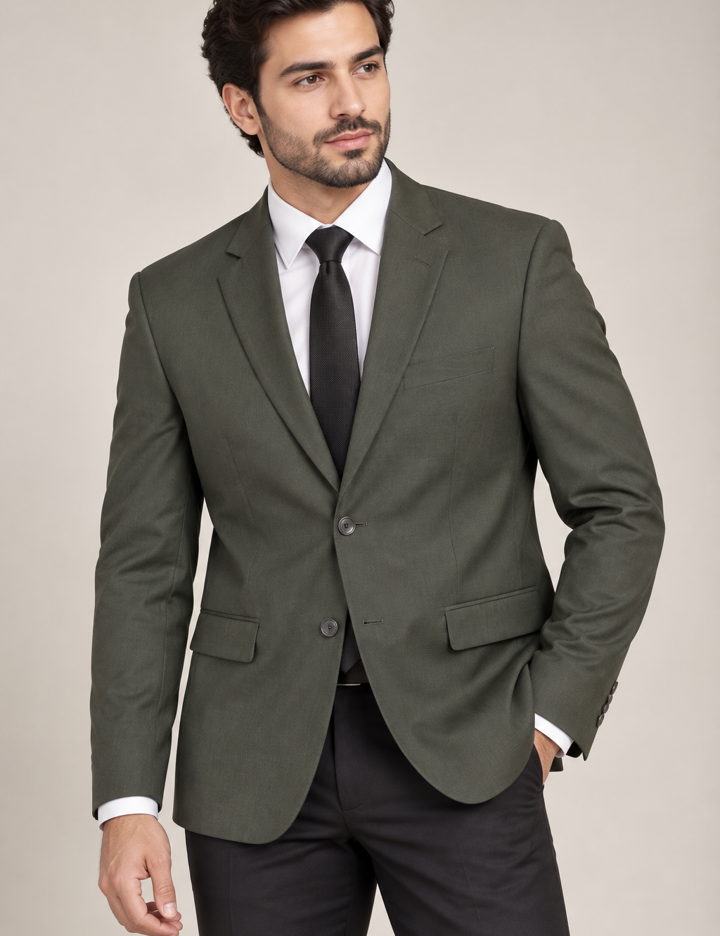  Green Woods men’s olive green formal blazer in UK Size L. Smart tailored design with greyish-brown dotted lining. Ideal for office, weddings and formal wear.