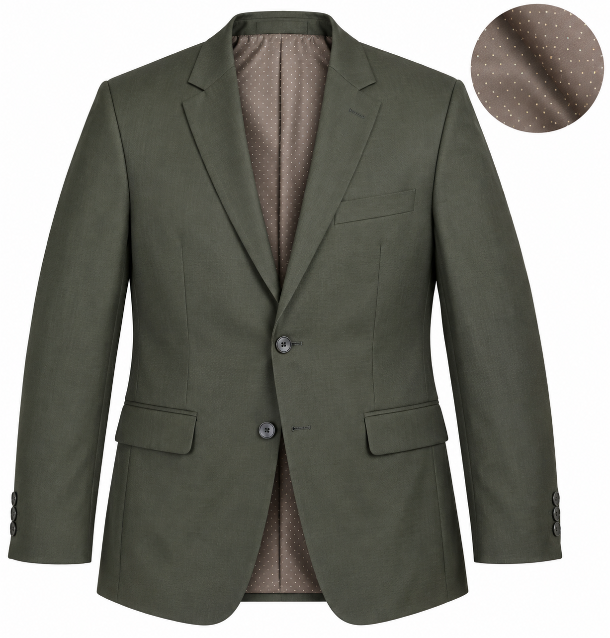  Green Woods men’s olive green formal blazer in UK Size L. Smart tailored design with greyish-brown dotted lining. Ideal for office, weddings and formal wear.