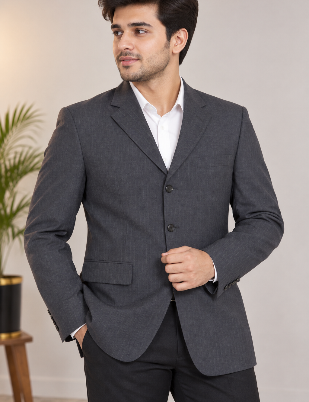 GREENWOODSELITE men’s charcoal grey pinstripe blazer in UK Size L. A smart formal suit jacket ideal for office, weddings, business and occasions.