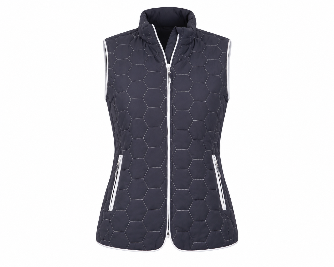  Grenouille Women's Hexagon Quilted Gilet Vest featuring lightweight padded insulation, secure zip pockets, and a stylish sleeveless design. Perfect for everyday layering.