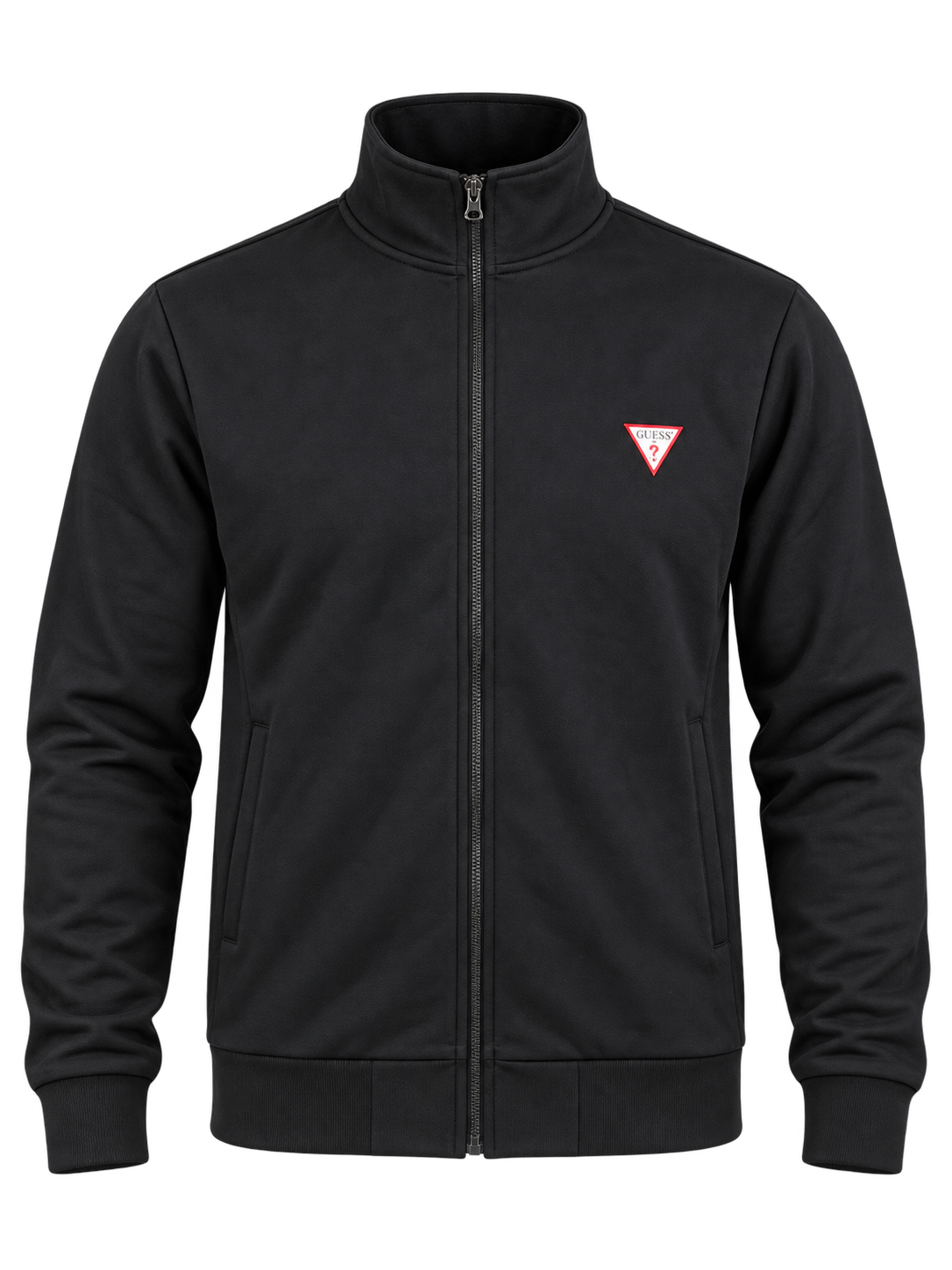 Shop GUESS men's black full zip track jacket in UK size M. Features a high neck, signature logo and ribbed cuffs. Chest 20", length 27". Shop now!
