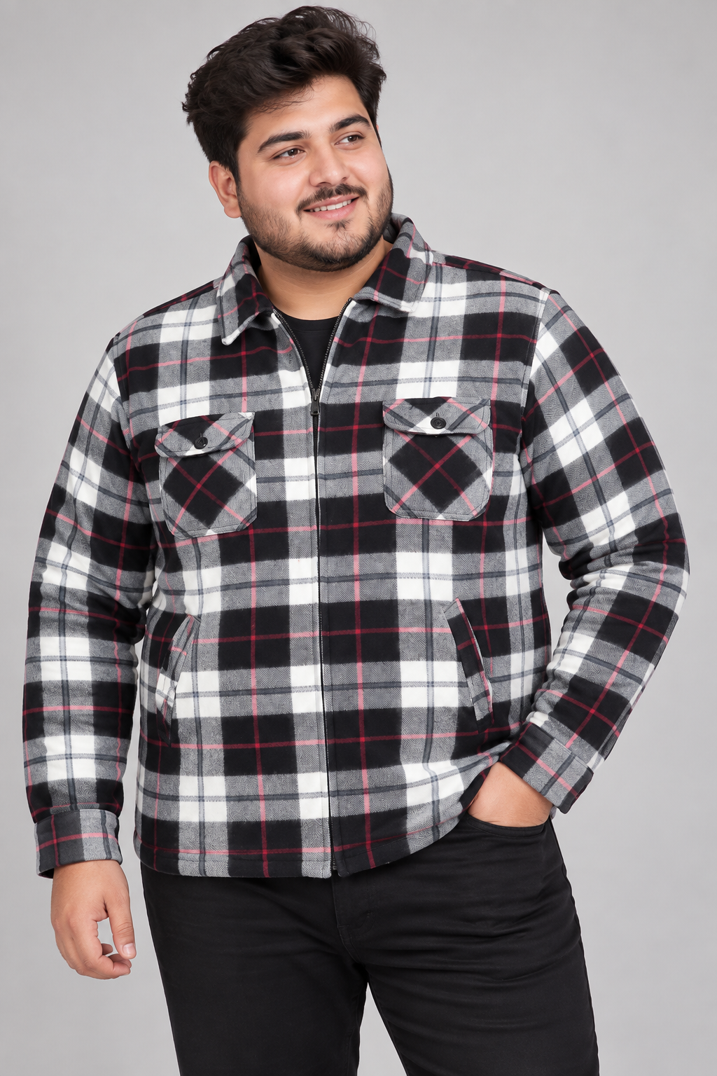 GUOZHITING men’s plaid zip-up flannel jacket in UK XXL. Black, white and grey check design with chest and side pockets. Quality imported fashion.