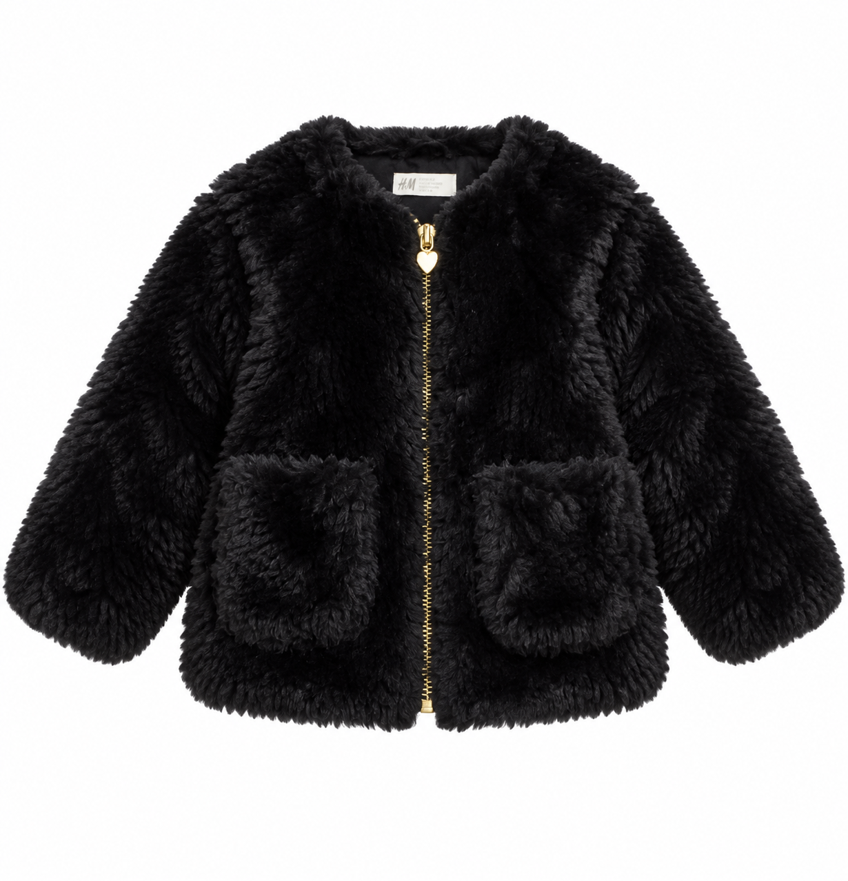 H&M baby girls black faux fur jacket in UK size 1–2 years. Soft, cosy and stylish with gold zip and front pockets. Perfect for winter wear.
