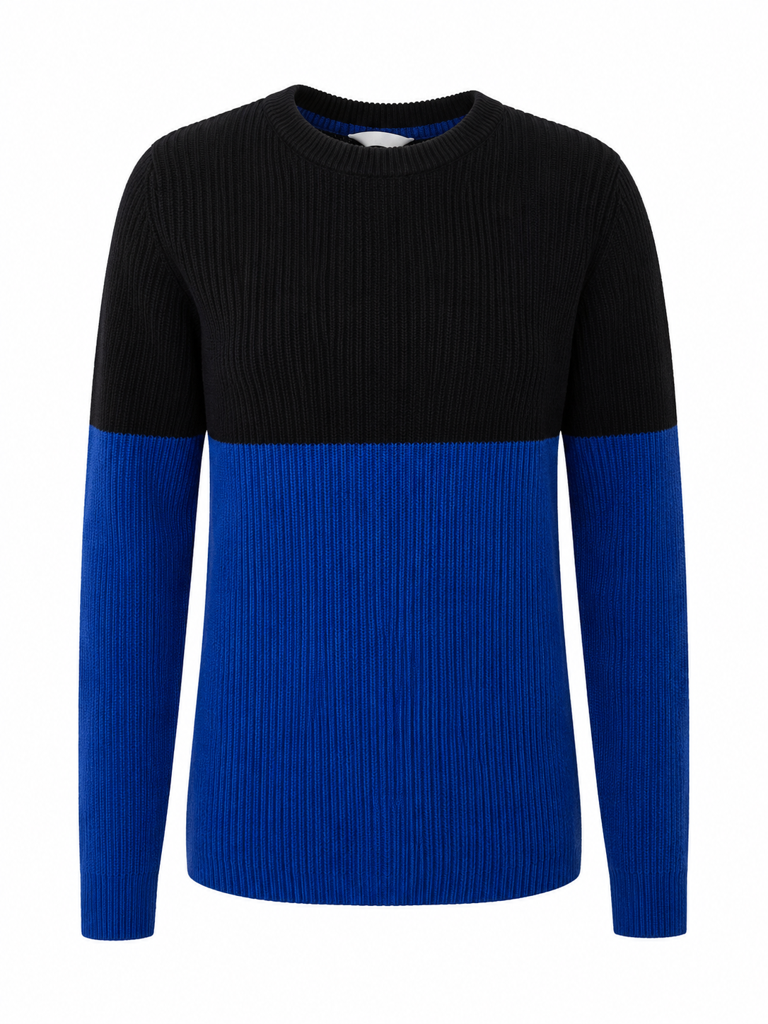 H&M boys black and royal blue ribbed colour block jumper, UK size 6-8 years. Stylish crew neck knit with long sleeves, perfect for everyday and casual wear.