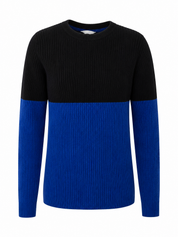 H&M boys black and royal blue ribbed colour block jumper, UK size 6-8 years. Stylish crew neck knit with long sleeves, perfect for everyday and casual wear.