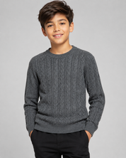  H&M boys' grey cable knit sweater in UK Size S. Classic crew neck design with long sleeves and textured knit, ideal for casual everyday wear.