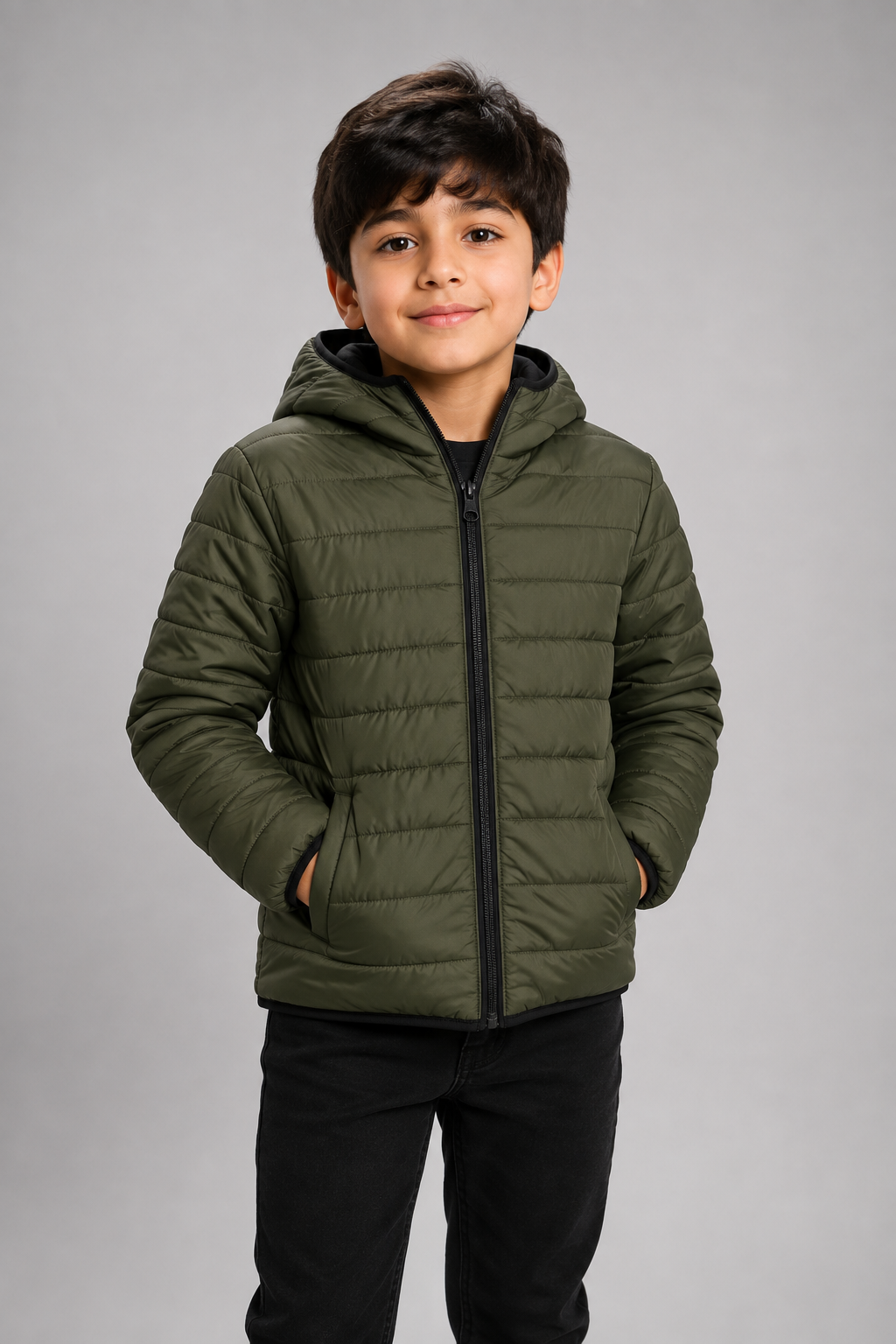  H&M Boys Olive Green Quilted Puffer Jacket in UK size 8-10 years. Stylish hooded padded jacket with full zip, long sleeves and practical pockets.