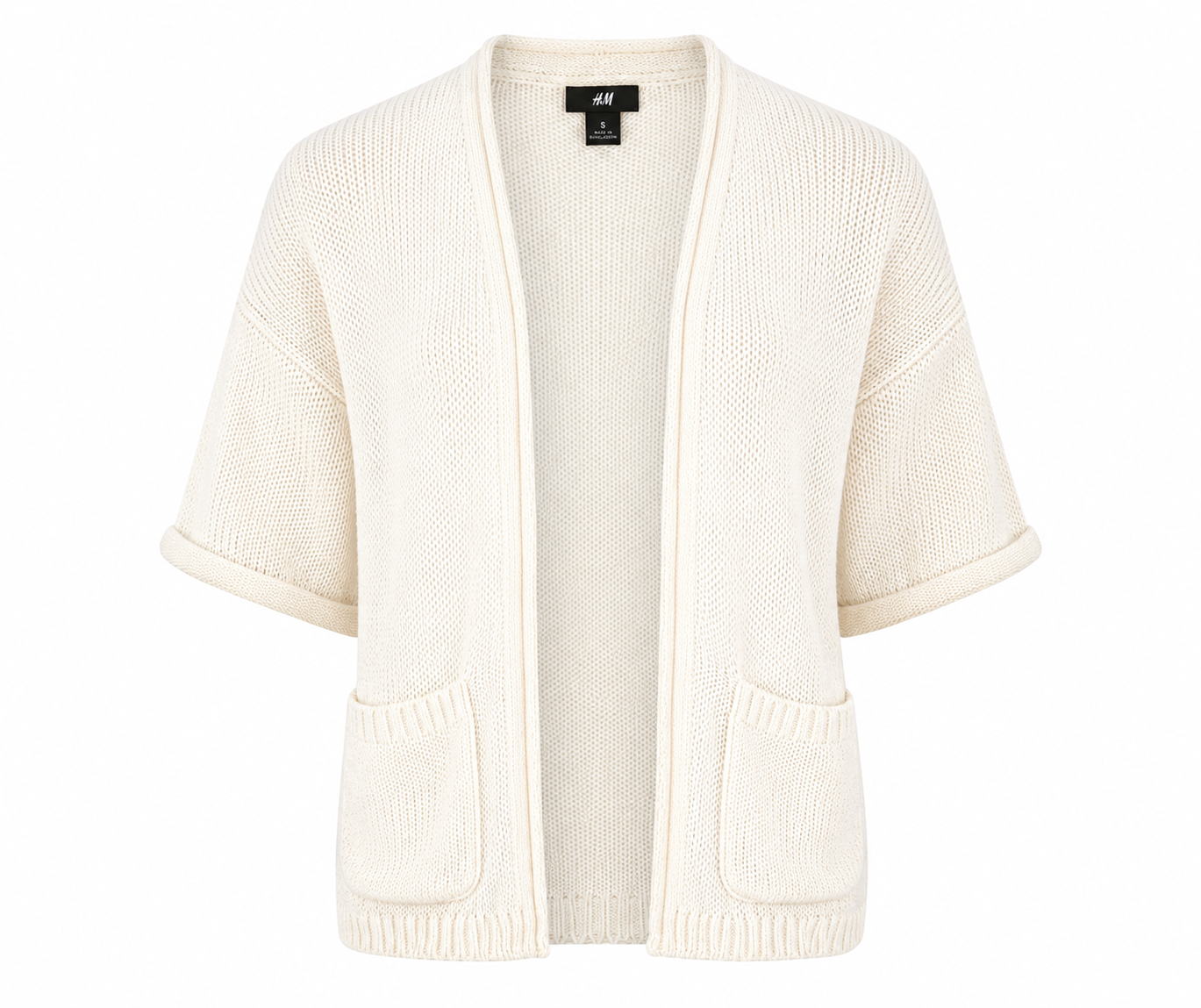 H&M cream knit cardigan in UK Size S. Stylish open-front design with elbow-length sleeves, textured knit finish and two front pockets.