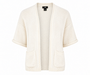 H&M cream knit cardigan in UK Size S. Stylish open-front design with elbow-length sleeves, textured knit finish and two front pockets.