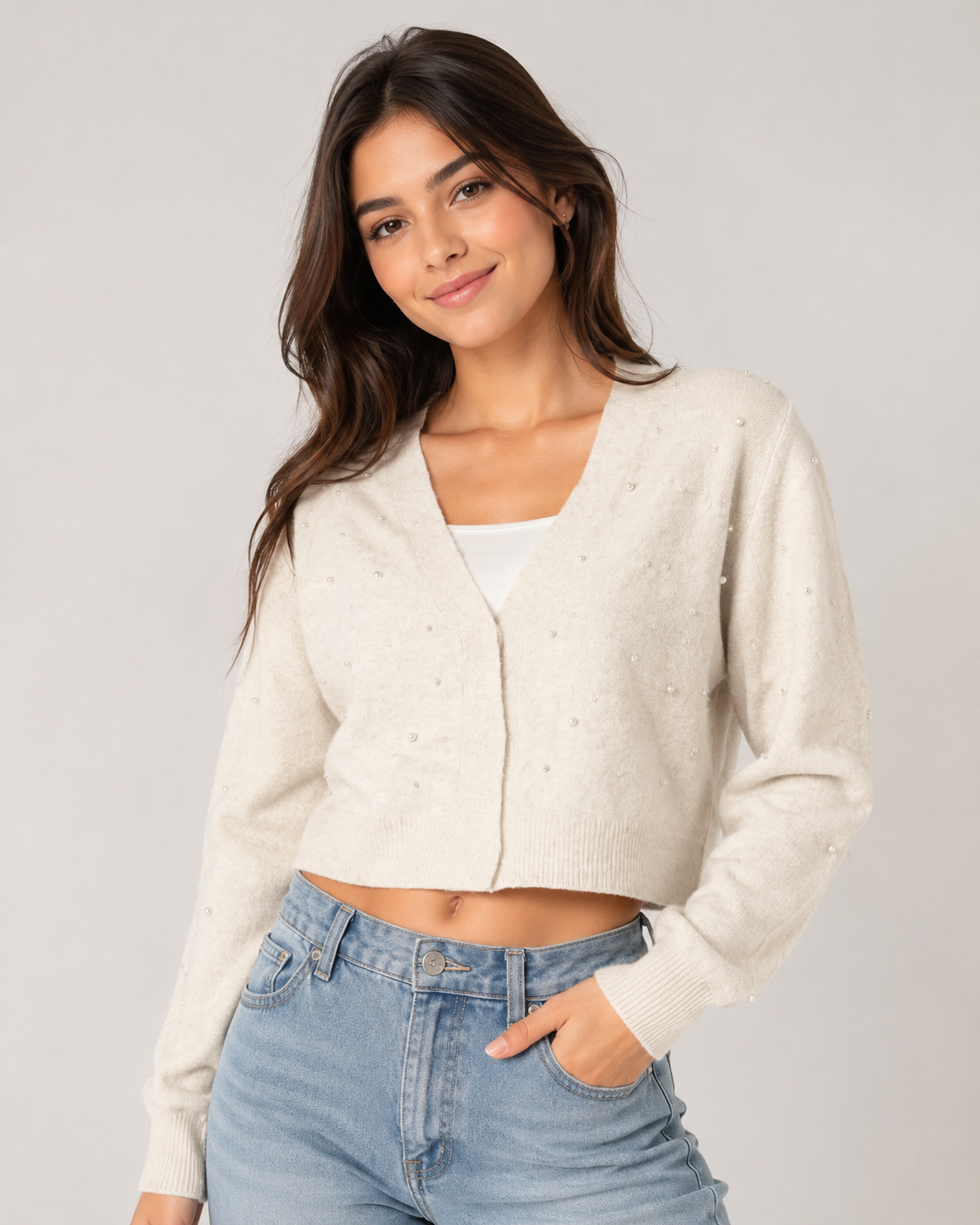 H&M Cream Pearl Embellished Cropped Cardigan in UK Size S, featuring a stylish V-neck, long sleeves, ribbed trims and delicate pearl detailing. A versatile women's knit cardigan perfect for casual outfits, layering and everyday fashion.