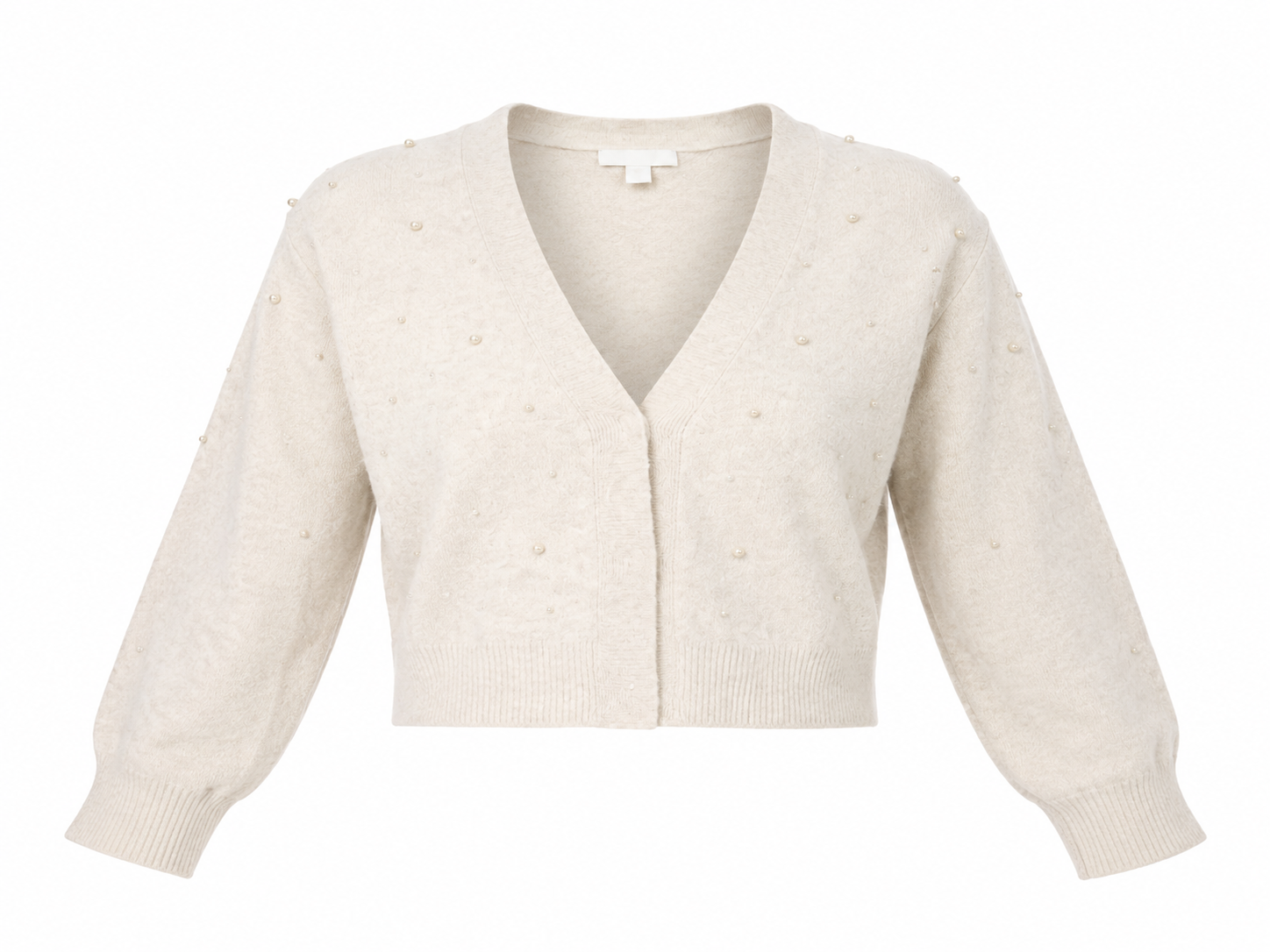 H&M Cream Pearl Embellished Cropped Cardigan in UK Size S, featuring a stylish V-neck, long sleeves, ribbed trims and delicate pearl detailing. A versatile women's knit cardigan perfect for casual outfits, layering and everyday fashion.