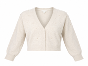 H&M Cream Pearl Embellished Cropped Cardigan in UK Size S, featuring a stylish V-neck, long sleeves, ribbed trims and delicate pearl detailing. A versatile women's knit cardigan perfect for casual outfits, layering and everyday fashion.