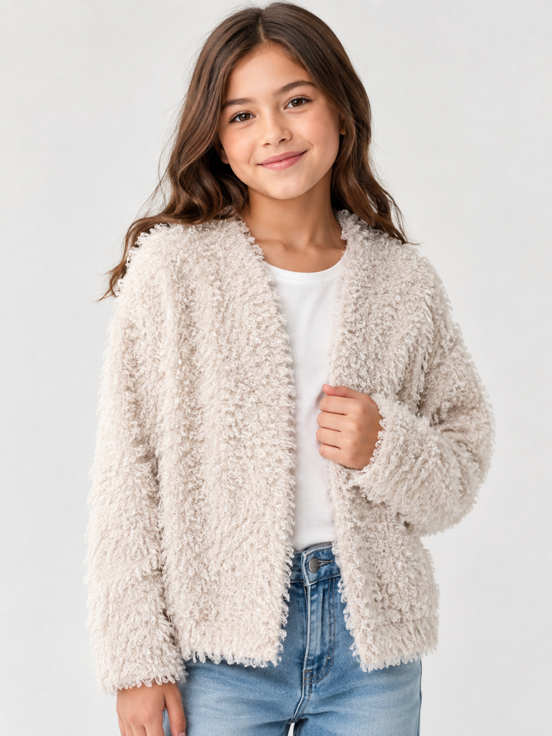  H&M Cream Teddy Fleece Jacket in UK Size S, featuring a soft curly teddy texture, relaxed fit and versatile open-front design for cosy everyday styling.