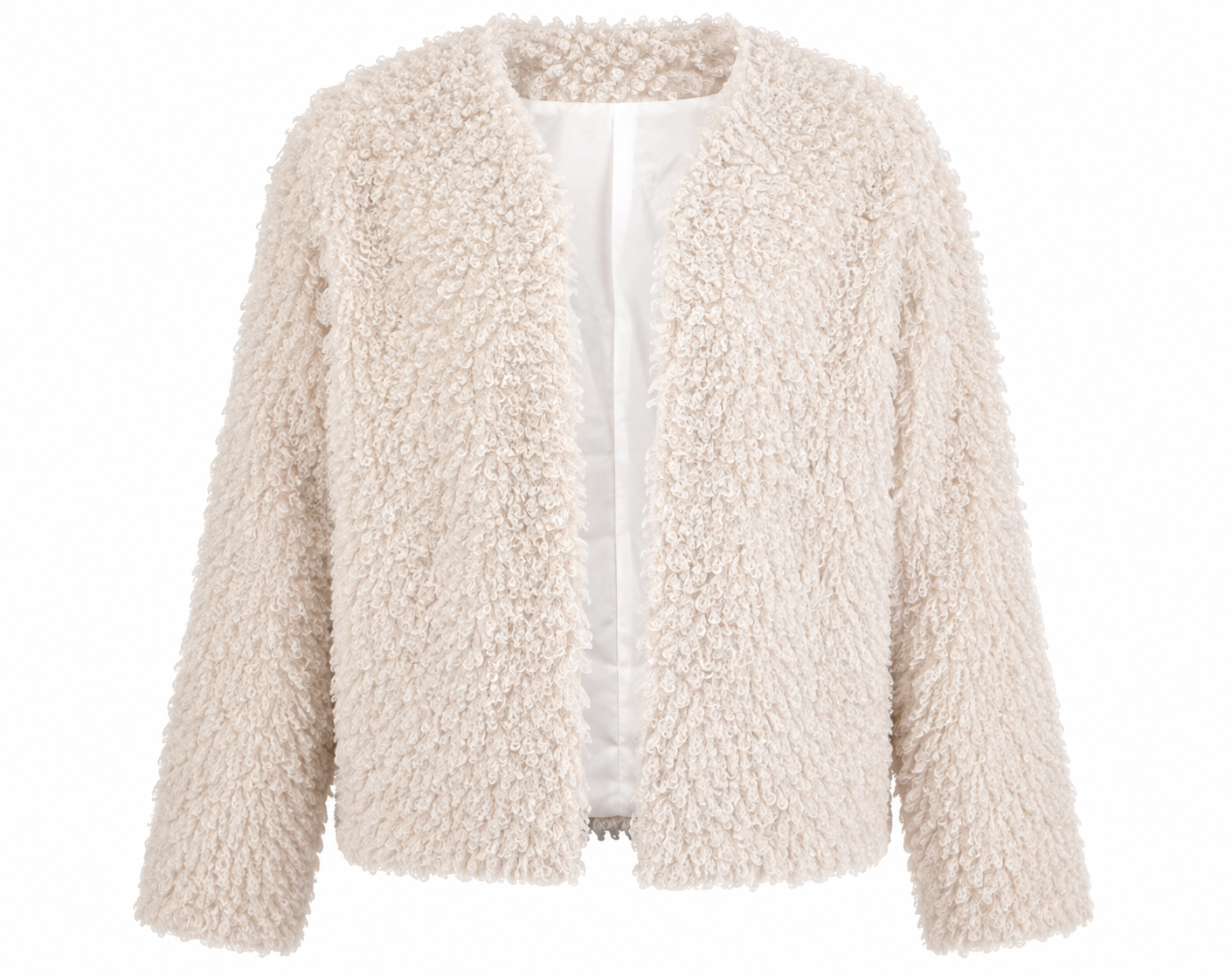  H&M Cream Teddy Fleece Jacket in UK Size S, featuring a soft curly teddy texture, relaxed fit and versatile open-front design for cosy everyday styling.