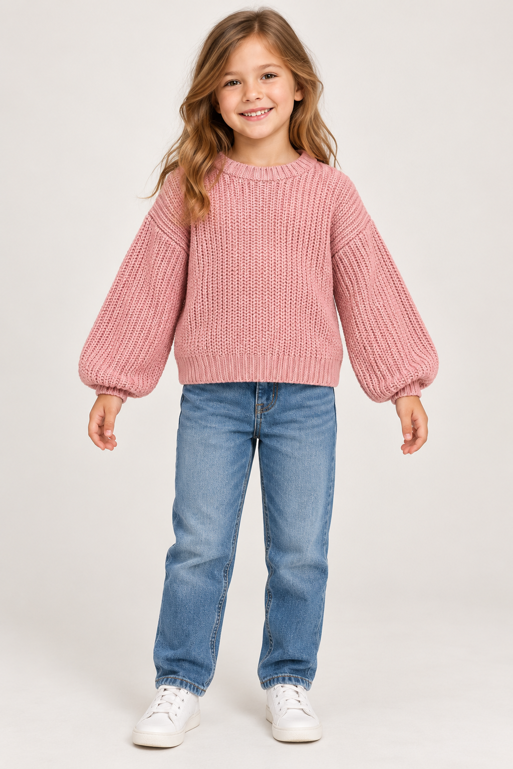   H&M girls’ dusty pink chunky knit sweater, UK size 6–8 years, featuring a crew neck, balloon sleeves and ribbed trims.