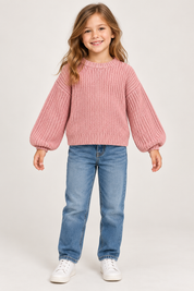   H&M girls’ dusty pink chunky knit sweater, UK size 6–8 years, featuring a crew neck, balloon sleeves and ribbed trims.