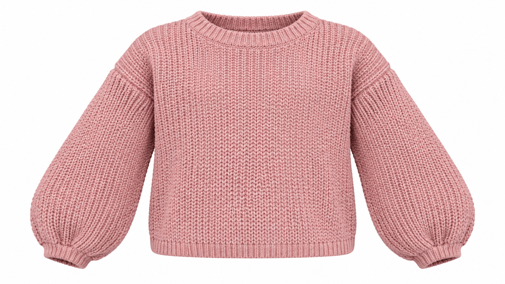   H&M girls’ dusty pink chunky knit sweater, UK size 6–8 years, featuring a crew neck, balloon sleeves and ribbed trims.