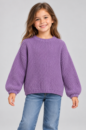   H&M girls’ purple chunky knit sweater, UK size 6–8 years. A relaxed crew-neck jumper with long sleeves for everyday layering.