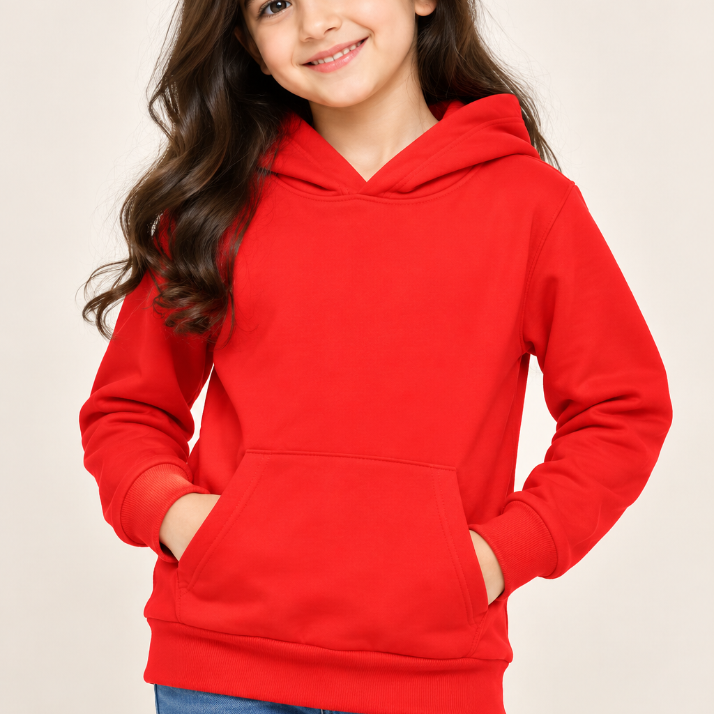 H&M girls red pullover hoodie in UK size 6–8 years, featuring a hood, kangaroo pocket, long sleeves and ribbed trims. Stylish everyday kidswear.