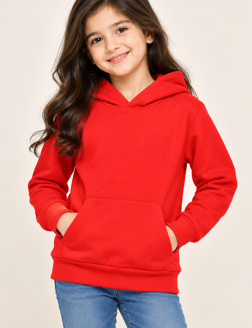 H&M girls red pullover hoodie in UK size 6–8 years, featuring a hood, kangaroo pocket, long sleeves and ribbed trims. Stylish everyday kidswear.