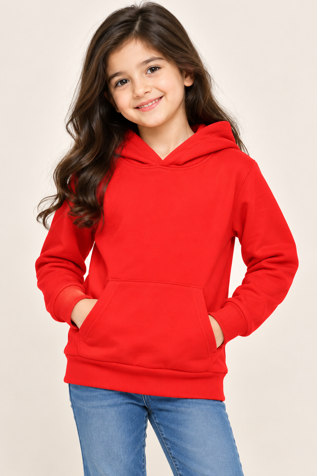 H&M girls red pullover hoodie in UK size 6–8 years, featuring a hood, kangaroo pocket, long sleeves and ribbed trims. Stylish everyday kidswear.