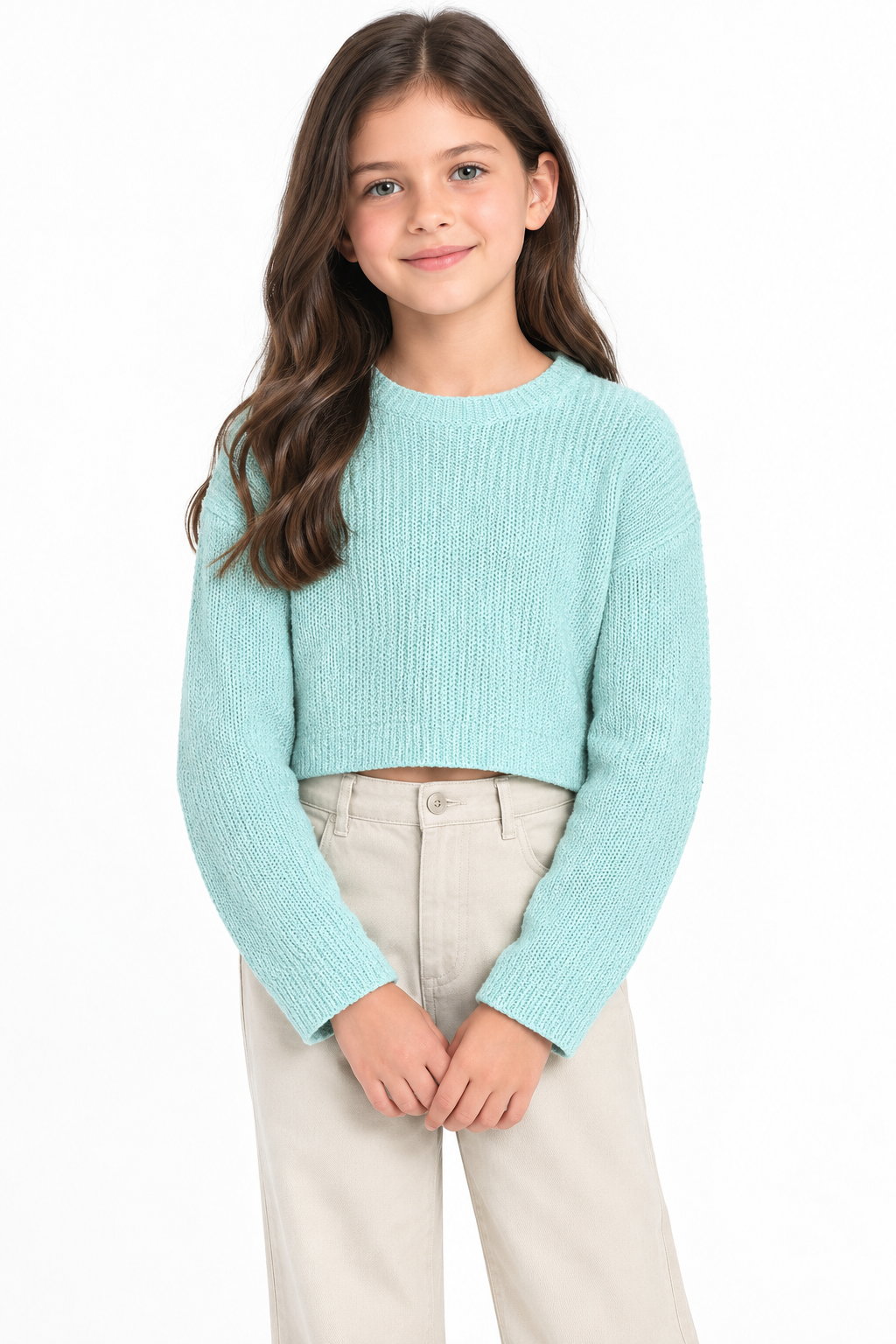  the H&M girls’ mint green cropped knitted jumper in UK size 9–10 years. Stylish long-sleeve design with a classic round neck, perfect for casual outfits.