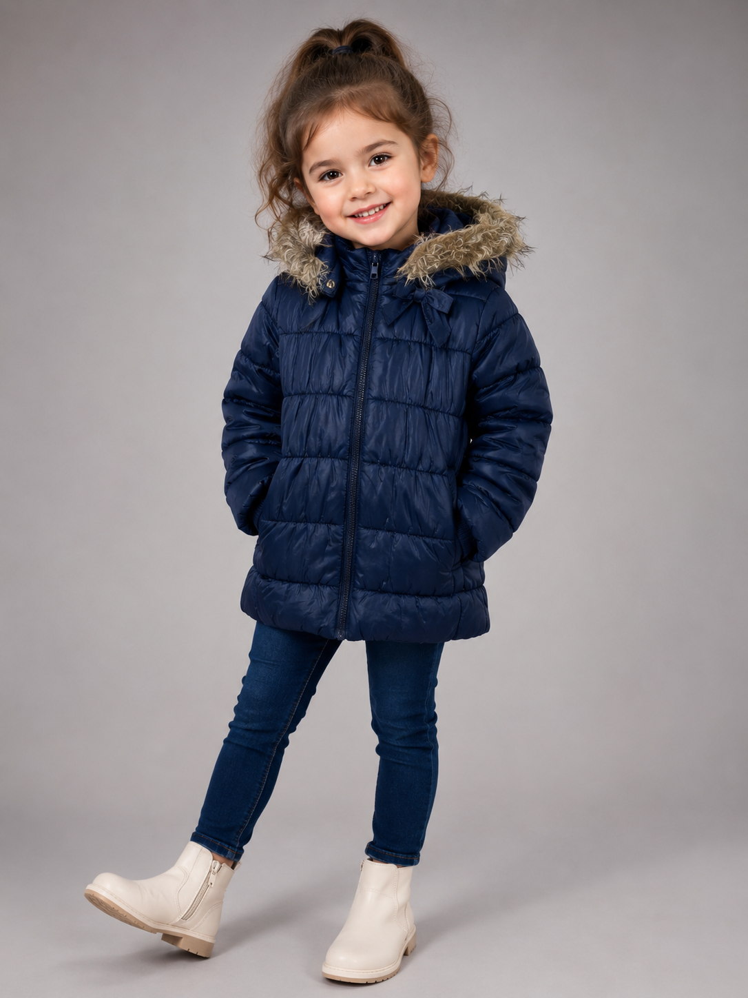  H&M girls' navy blue puffer coat in UK size 3–4 years. Featuring a cosy faux-fur hood, padded quilted design and zip fastening, perfect for winter.
