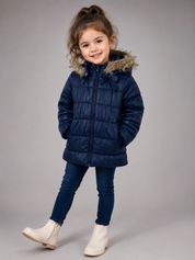  H&M girls' navy blue puffer coat in UK size 3–4 years. Featuring a cosy faux-fur hood, padded quilted design and zip fastening, perfect for winter.