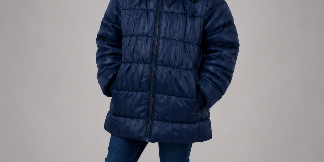  H&M girls' navy blue puffer coat in UK size 3–4 years. Featuring a cosy faux-fur hood, padded quilted design and zip fastening, perfect for winter.
