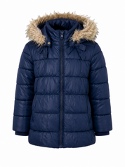 H&M girls' navy blue puffer coat in UK size 3–4 years. Featuring a cosy faux-fur hood, padded quilted design and zip fastening, perfect for winter.
