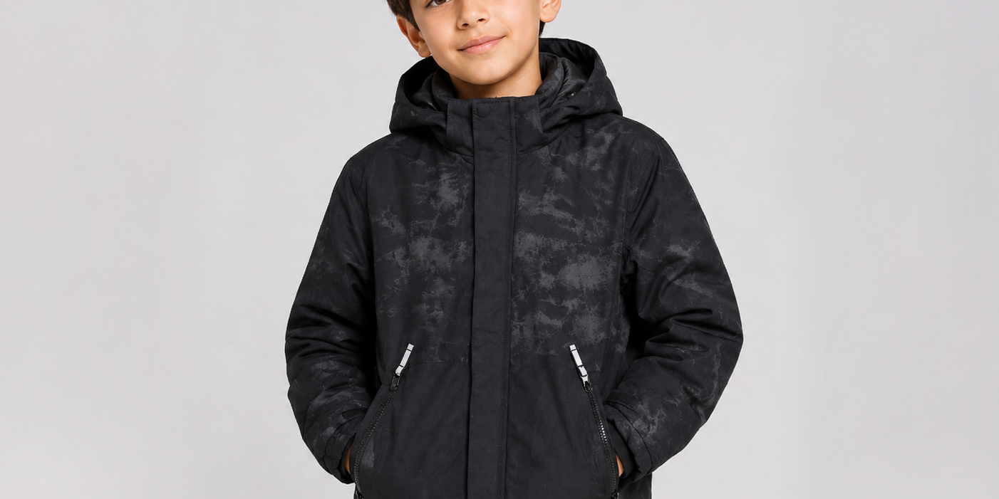  H&M Kids Black Hooded Winter Jacket featuring a warm insulated design, hood, zip pockets, and a stylish black camouflage pattern. Perfect for boys during autumn and winter.