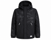  H&M Kids Black Hooded Winter Jacket featuring a warm insulated design, hood, zip pockets, and a stylish black camouflage pattern. Perfect for boys during autumn and winter.