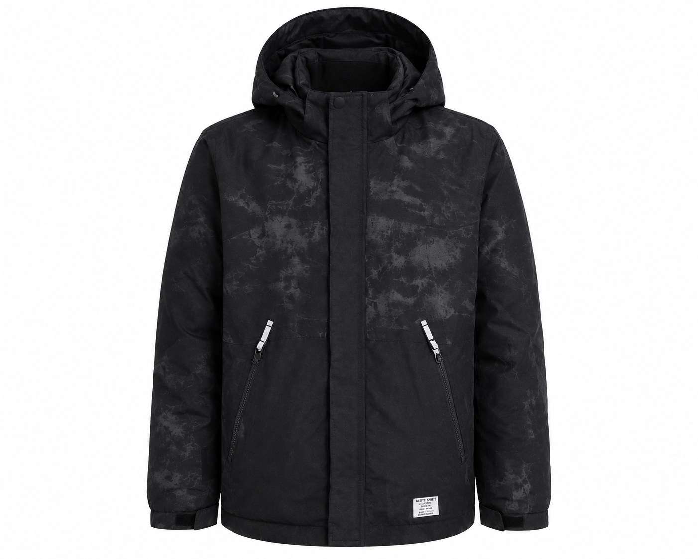  H&M Kids Black Hooded Winter Jacket featuring a warm insulated design, hood, zip pockets, and a stylish black camouflage pattern. Perfect for boys during autumn and winter.