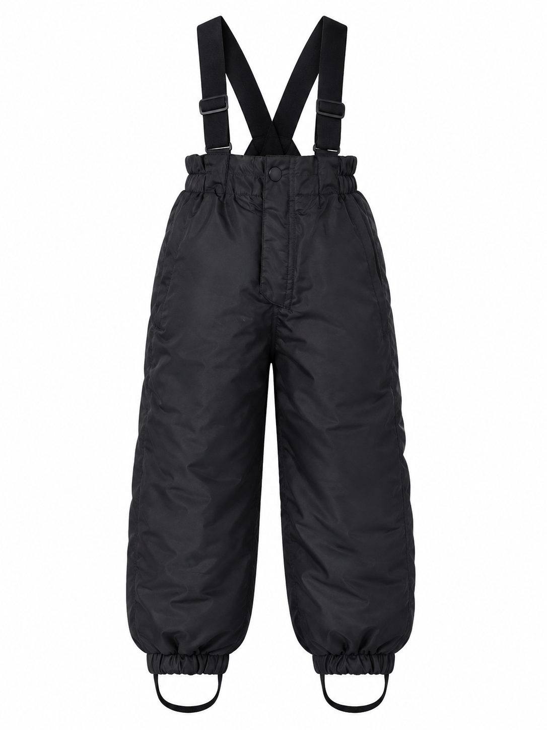  H&M Kids Black Padded Snow Pants for UK size 3–4 years, featuring adjustable braces, elasticated cuffs and warm winter protection.