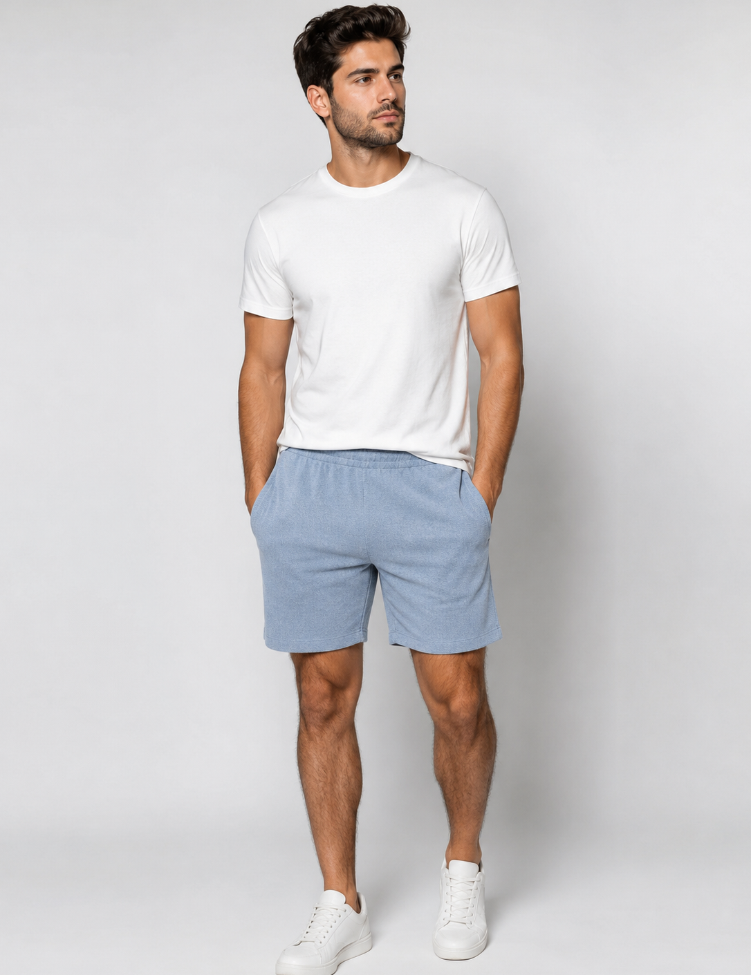  H&M Light Blue Casual Shorts in UK XL. Comfortable textured fabric, elasticated waist and side pockets, perfect for everyday and summer wear.